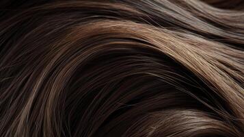 Close-up view of a rich, dark brown and light brown tresses of wavy hair. photo