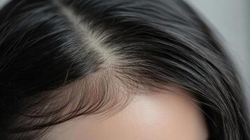 Close-up view of smooth, dark hair at the crown of the head. photo