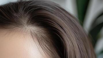 Close-up view of smooth dark brown hair on a head. photo