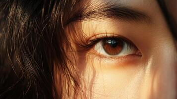 Close-up view of a person's eye and skin under soft sunlight. photo