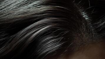Close-up view of dark lustrous hair strands. photo