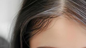 Close-up view of a person's forehead and hair line. photo