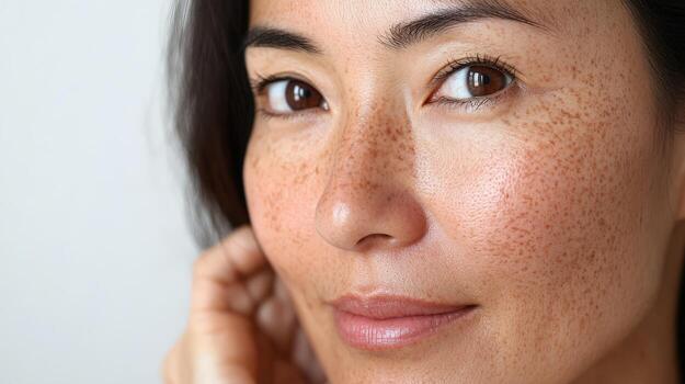 Close-up portrait of a woman with freckles and a light complexion. photo