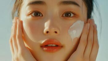 Close-up portrait of a young woman applying a facial product. photo