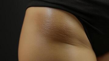 Close-up view of a woman's smooth skin and subtle wrinkles. photo