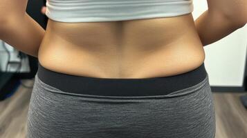 Rear view of a person's midsection, displaying body contour. photo
