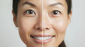 Before-and-after facial comparison of skin improvement. photo