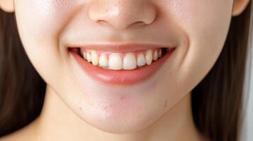 Close-up view of a smiling person's healthy teeth and lips. photo