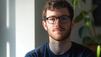 Indoor portrait of a young man wearing glasses. photo