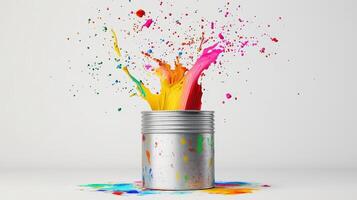 Colorful paint splashes erupting from a metal can. photo