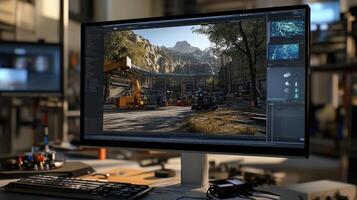 Digital landscape design displayed on a computer monitor. photo