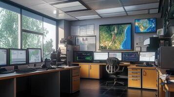 A modern, well-lit control room interior with numerous displays. photo