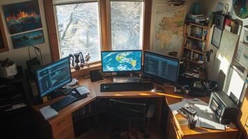 Cozy home office corner with multiple computer displays. photo