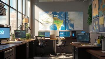 Modern office space with large geographical maps. photo