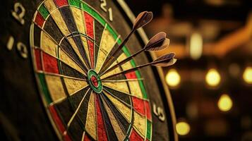 Close-up view of a dartboard with three darts lodged in the bullseye. photo