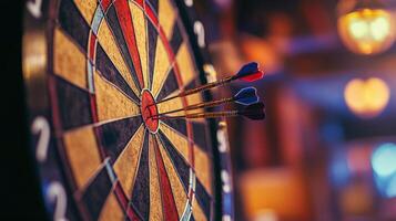 Close-up view of darts stuck in a dartboard. photo