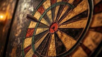 A dart is in the center of a dartboard photo