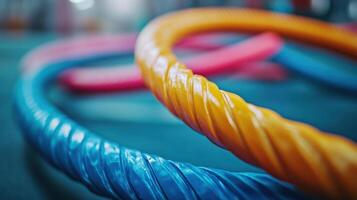 Close-up view of colorful exercise hoops. photo