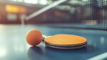 Close-up view of a ping pong paddle and ball on a table. photo