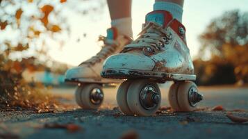 Close-up view of vintage roller skates on a paved path. photo
