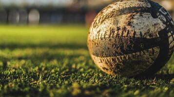Close up of a dirty soccer ball on grass. photo