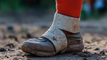 Close-up of a muddy sports shoe and protective ankle wrap. photo