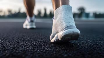 Close-up view of a runner's feet and athletic footwear on a track. photo