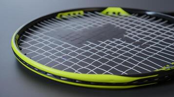Close-up view of a tennis racket's string pattern and frame. photo