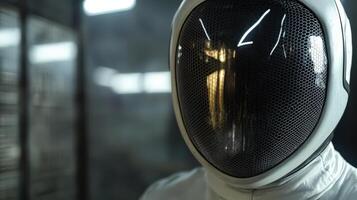 Close-up of a futuristic fencer's protective mask. photo