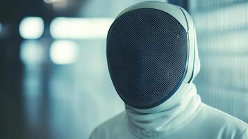 Close-up of a fencing mask and protective garment. photo