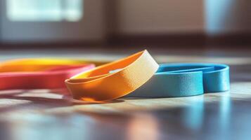 Colorful exercise bands lying on a wooden floor. photo