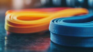 Close-up view of colorful exercise bands. photo