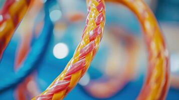 Colorful braided ropes in circular forms, close-up view. photo