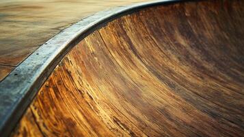 Close-up view of a wooden bowl-shaped skateboarding ramp. photo