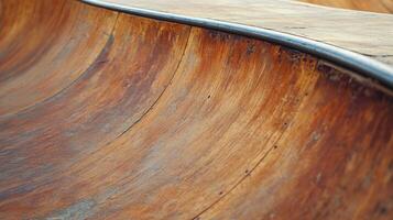 Close-up view of a curved skate park ramp's wooden surface. photo