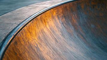 Closeup view of a wooden skatepark ramp. photo