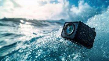 Small waterproof camera on ocean waves at sunset. photo
