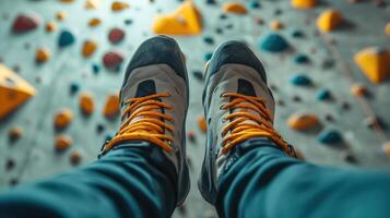Close-up view of climbing shoes on a textured wall. photo
