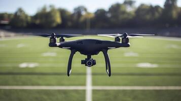 A drone hovers above a football field. photo