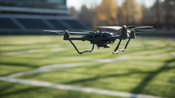 Dark drone hovering over a stadium field. photo