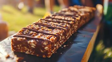 A long, chocolate-covered confectionary bar. photo