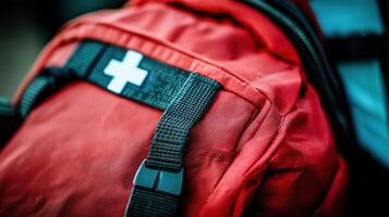 Close-up view of a vibrant red first-aid backpack. photo