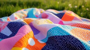 Colorful patchwork quilt resting on a grassy field. photo