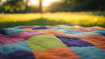 Colorful patchwork quilt on grassy field at sunset. photo
