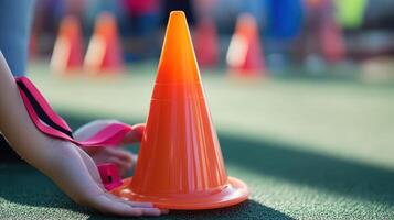 Orange cones arranged for a young child's outdoor activity. photo