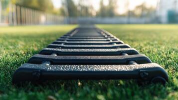 Black tire tracks across a grassy field. photo
