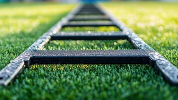 Close-up view of a black agility ladder on a grassy field. photo