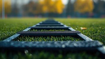 Close-up view of athletic training ladder on a grassy field. photo