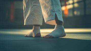 Low angle view of bare feet in white socks during a martial arts practice. photo