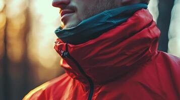 Close-up view of a man's red jacket collar in the woods. photo